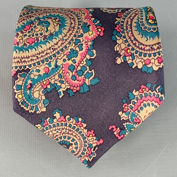 BURBERRYS Vintage Navy Teal Pink Paisley Silk Twill Tie - Picture 1 of 5